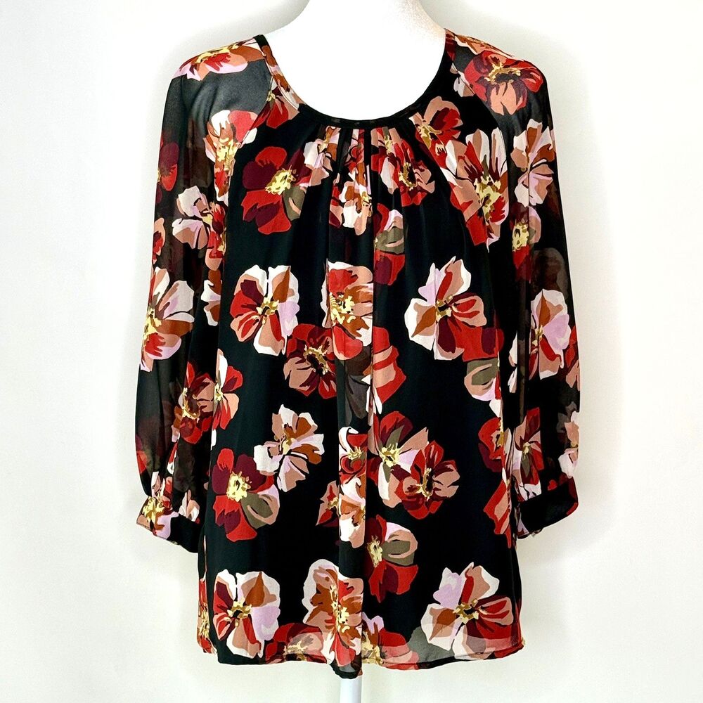 MADEWELL Blouse Top Women's XS French Rose Black Floral 3/4 Sheer Bubble Sleeve